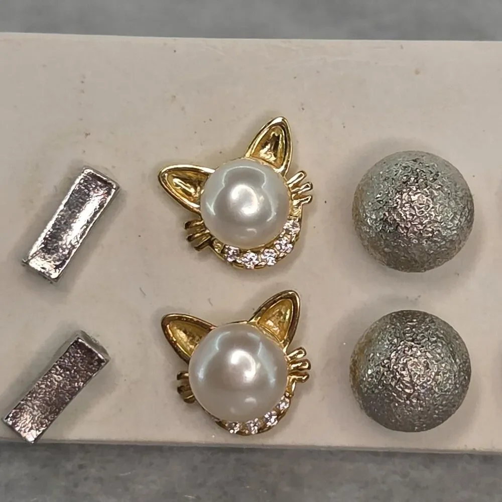 Kids Stud Earrings Set 6 Pairs Cat Pearl Pink Bow Crown Ball Multicolor Enamel